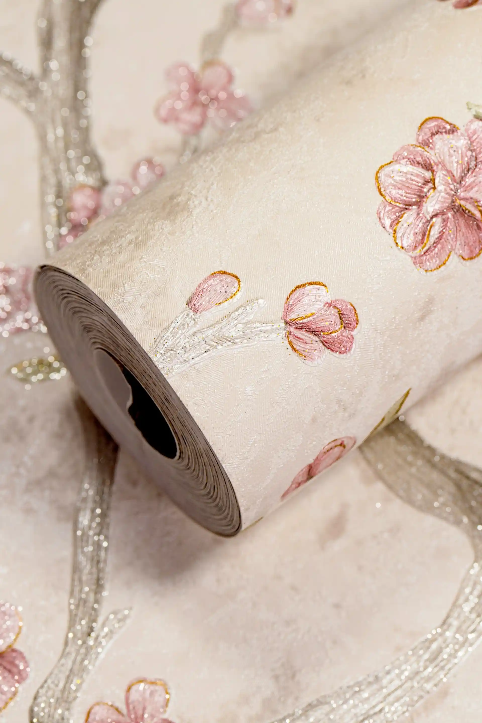 Ivory Blossom Wallpaper with Glitter Pink Flowers and Silver Branches