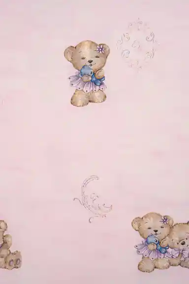 Full pattern view of playful teddy bears holding blue toys on a pastel pink wallpaper background