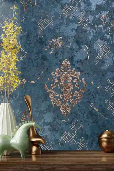 Installed wall with baroque teal wallpaper showing bronze medallion motifs with decorative vases below