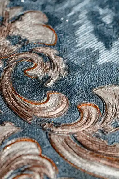 Extreme macro of swirling bronze baroque scrollwork detail with copper accents on teal wallpaper