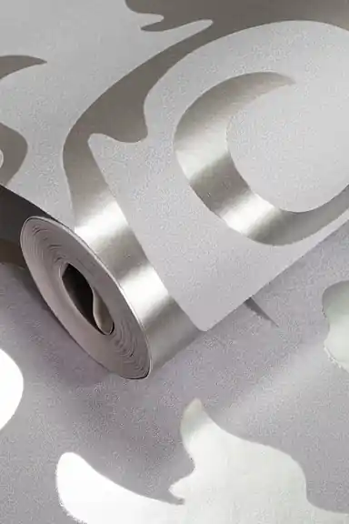 Rolled grey wallpaper with silver metallic scrollwork curves and a shimmer finish