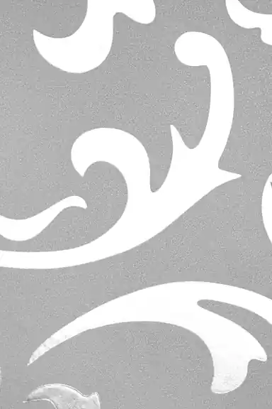 Full pattern view of silver scrollwork and acanthus leaf motifs on a grey shimmer wallpaper surface