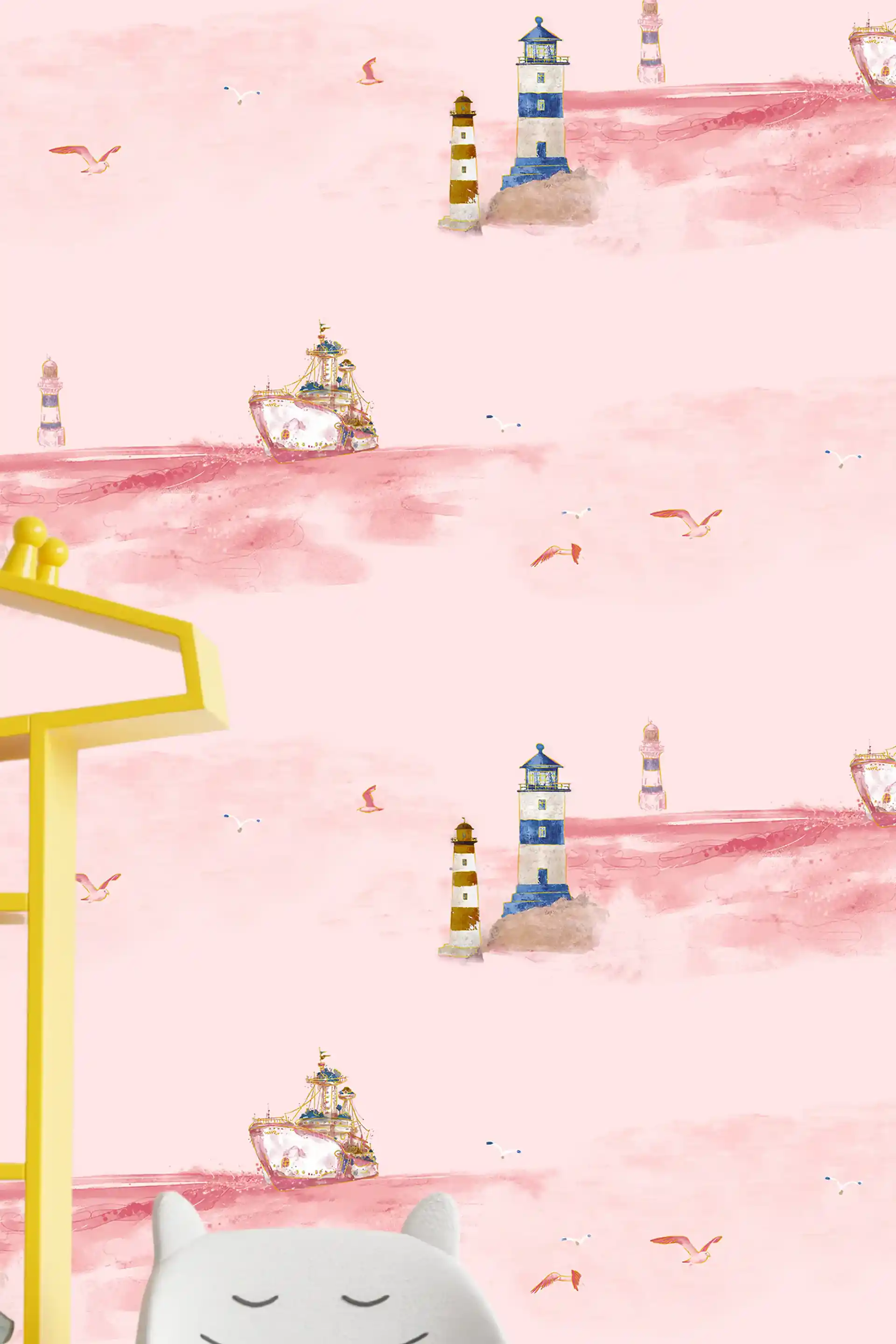 Kids room wall with pink watercolor lighthouse and ship wallpaper featuring seagulls on a pastel background