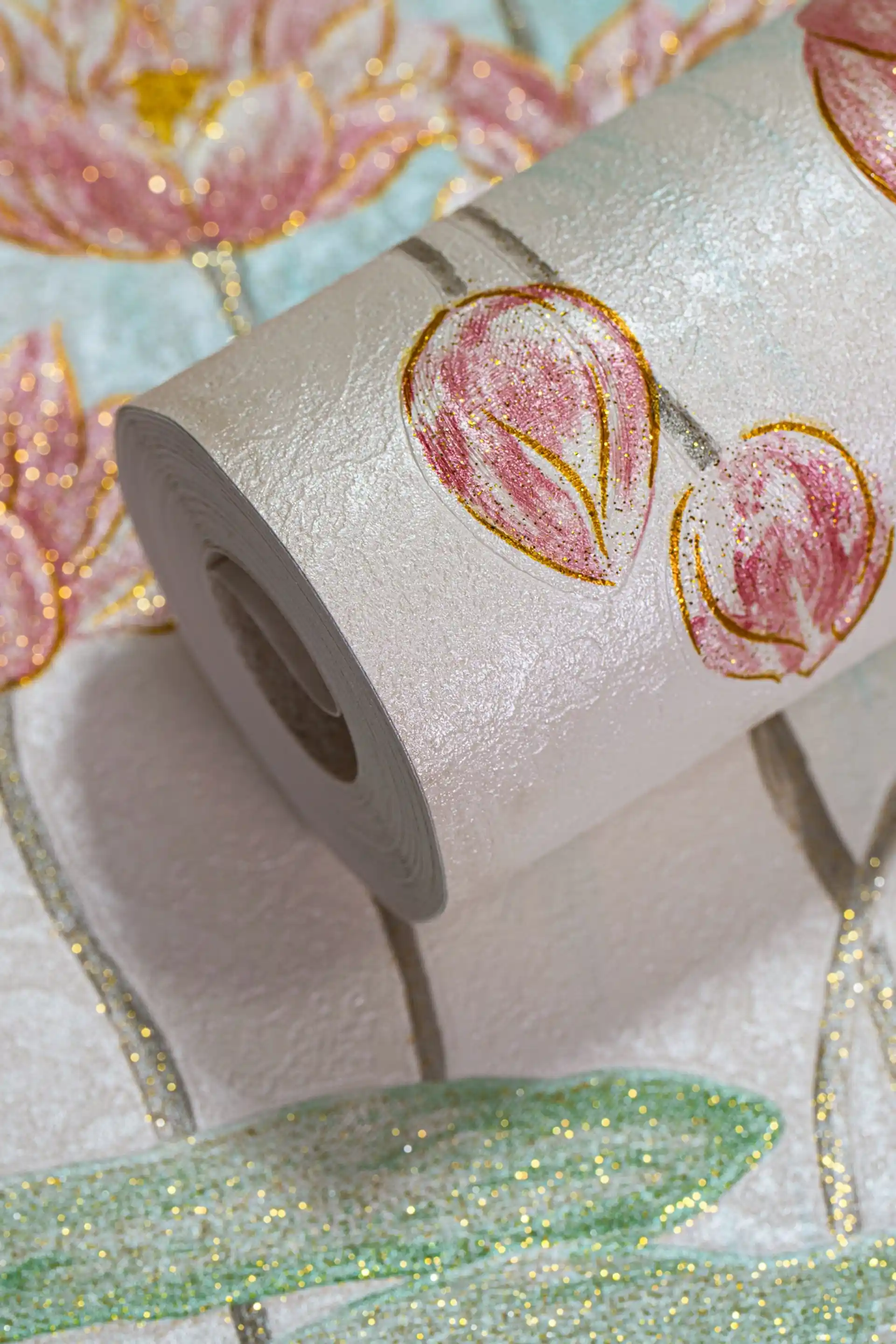 Elegant Pink Lotus Wallpaper on Blue Pond and Gold finish