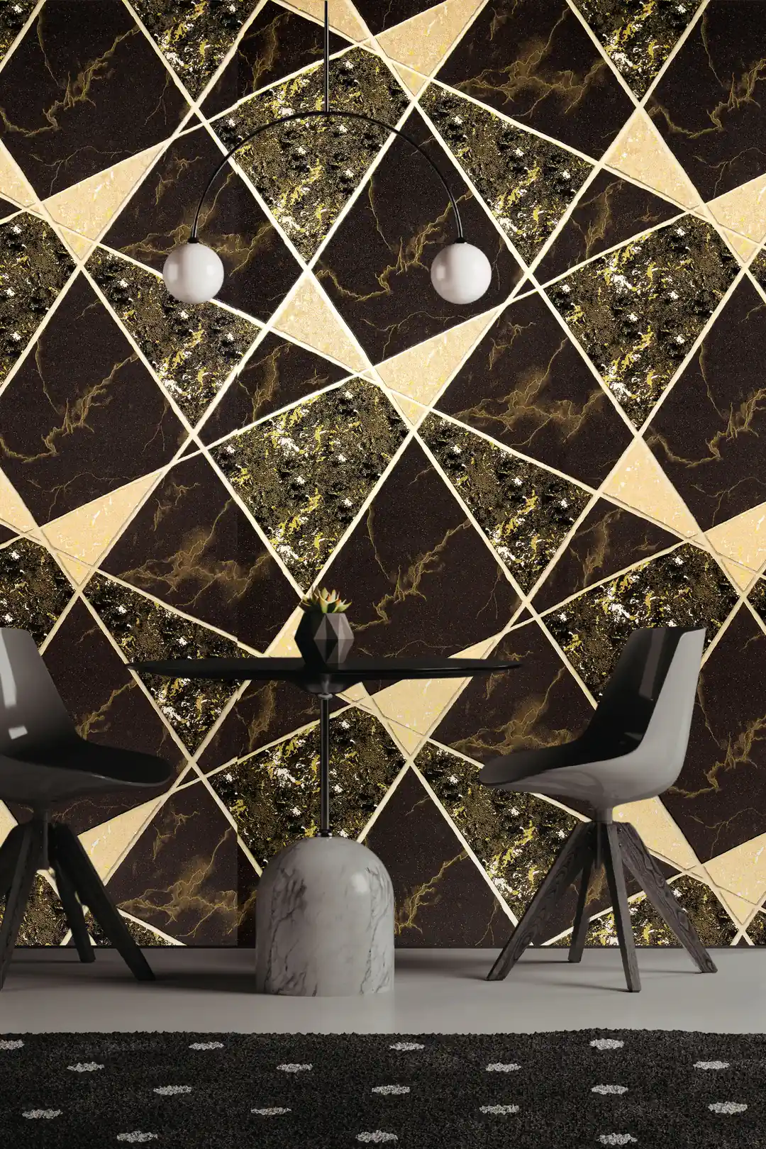 Modern dining room with black and gold geometric wallpaper behind a round table and designer chairs