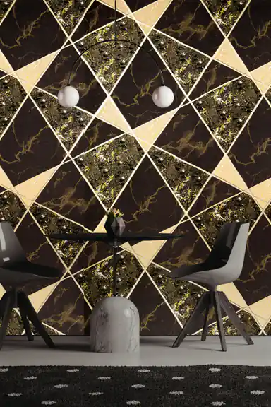 Modern dining room with black and gold geometric wallpaper behind a round table and designer chairs
