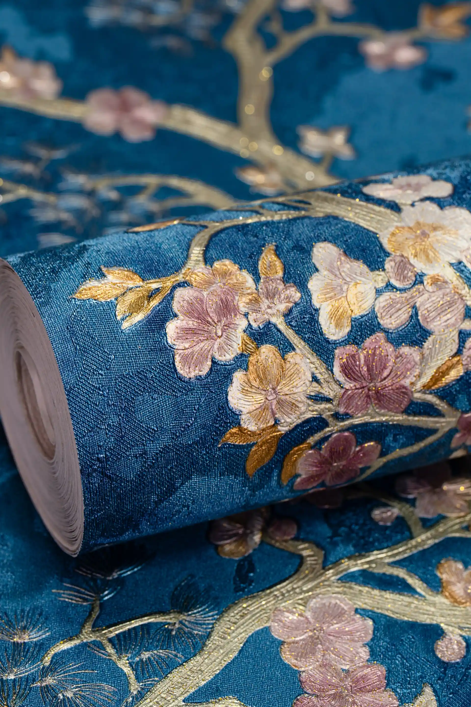 Wallpaper roll with pink cherry blossoms on golden branches against a rich blue textured background