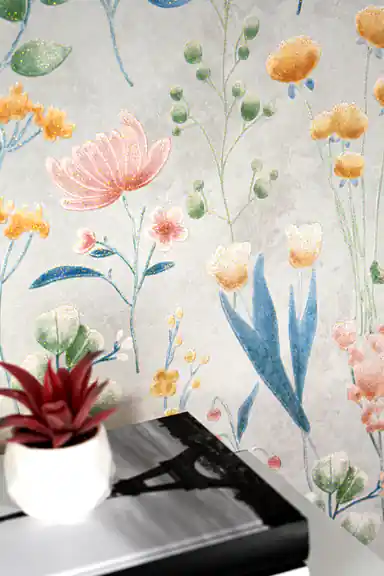 Close-up of pink lotus and orange buds with blue leaves on the botanical meadow wallpaper with a red plant