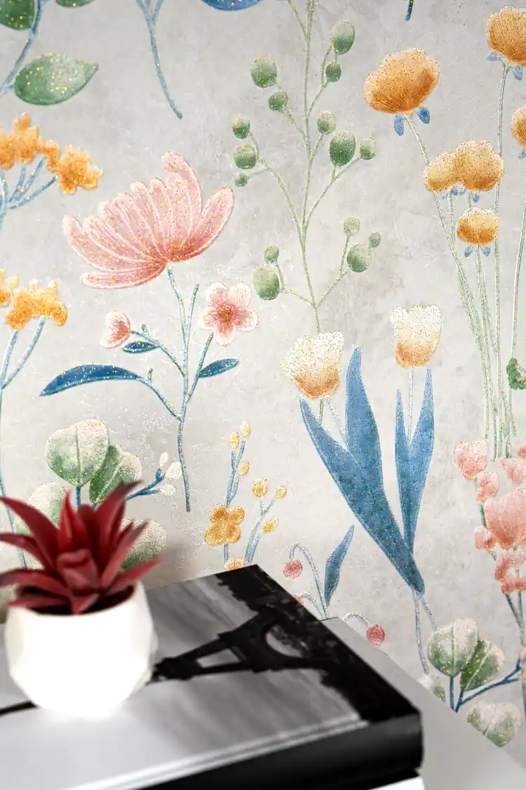 Close-up of pink lotus and orange buds with blue leaves on the botanical meadow wallpaper with a red plant