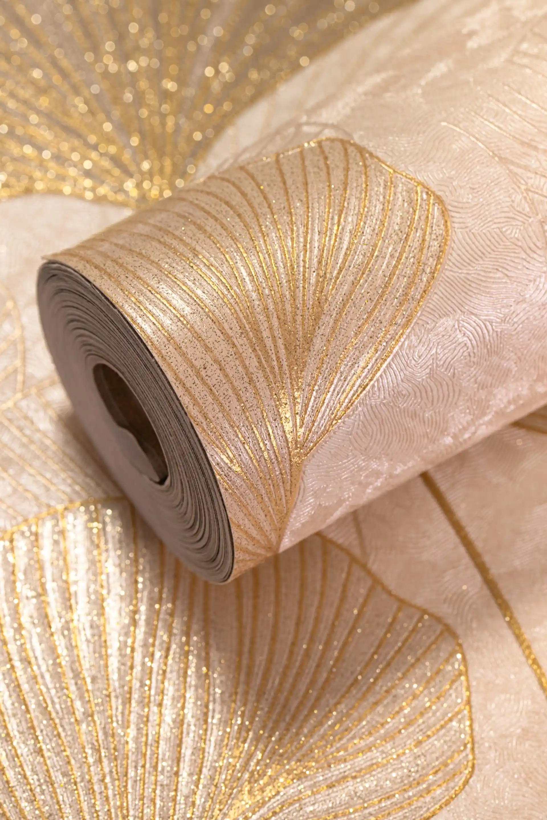 Beige Gingo Leaf Wallpaper with Heavy Glitter Finish