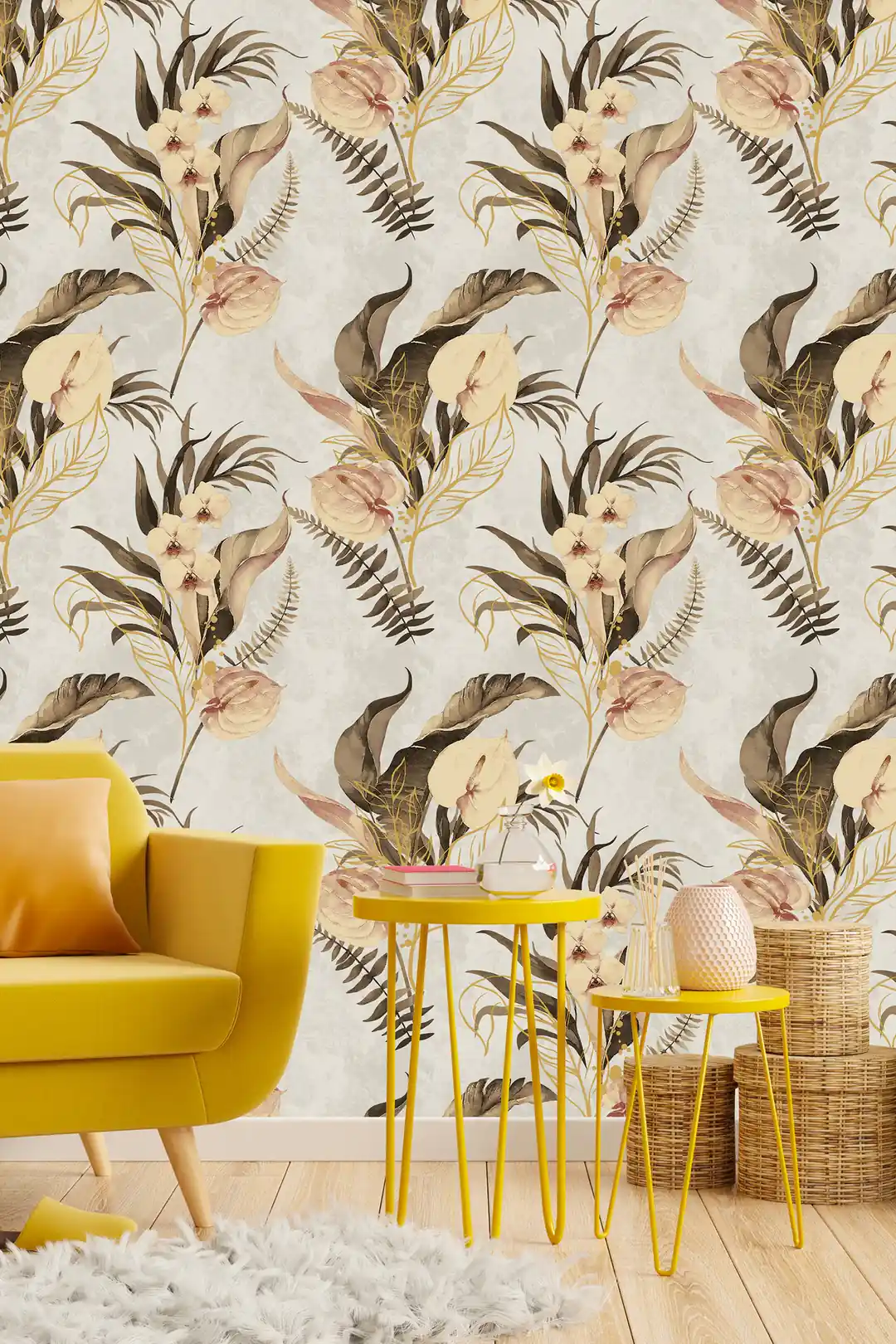 Tropical orchid and ferns wallpaper in a bright living room with a yellow armchair and rattan decor