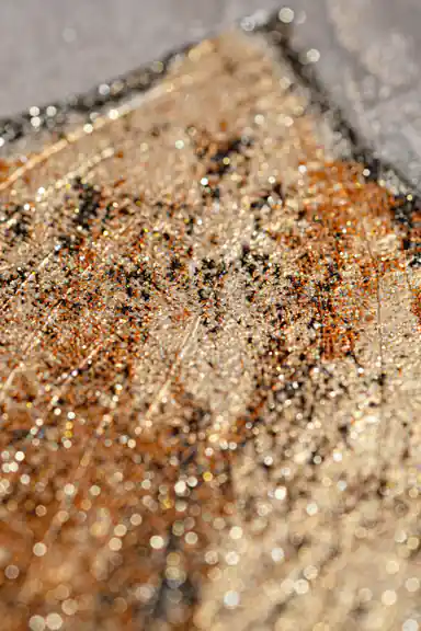 Extreme macro of golden glitter particles covering a brown leaf on the textured wallpaper surface