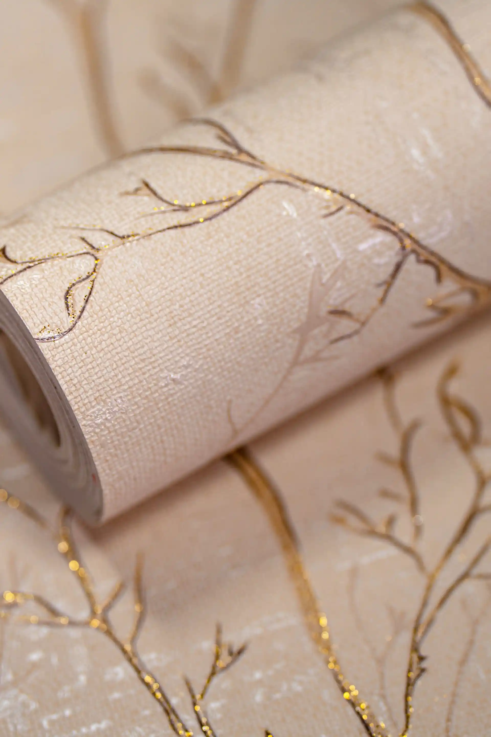 Delicate Tree Branches Wallpaper with Gold Glitter Twigs for Modern Spaces