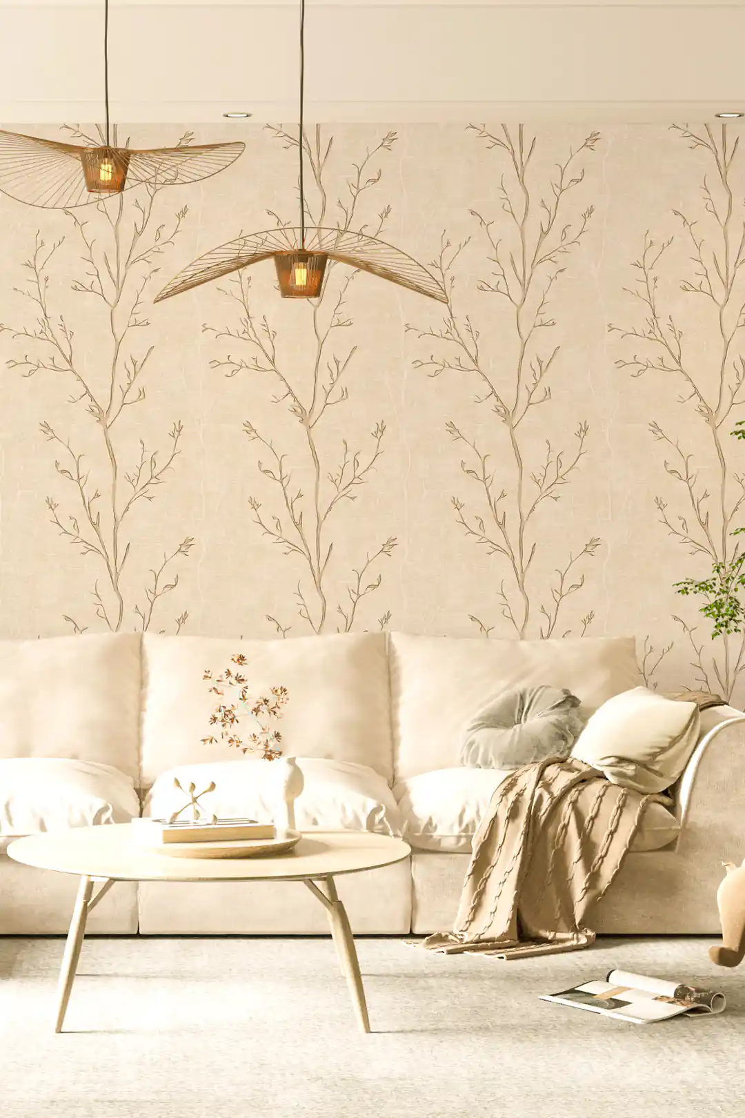 Delicate tree branches wallpaper in a serene living room with a beige sofa and woven pendant lights
