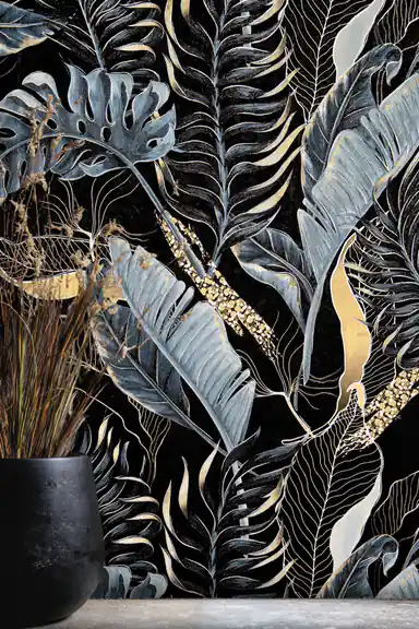 Close-up of midnight blue banana leaves and monstera fronds with gold accents on black wallpaper