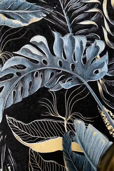 Detailed view of blue-toned monstera leaves with gold vein outlines on deep black tropical wallpaper