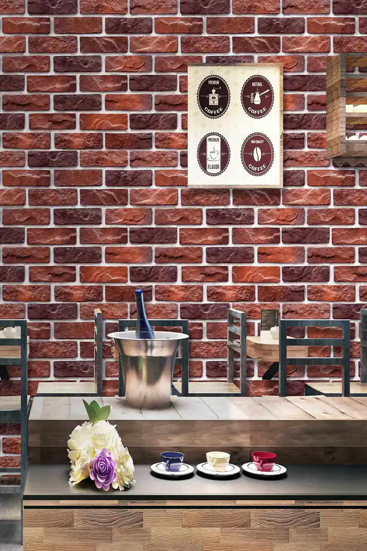 Red brick wallpaper in a vintage cafe setting with coffee poster art and champagne bucket on the counter