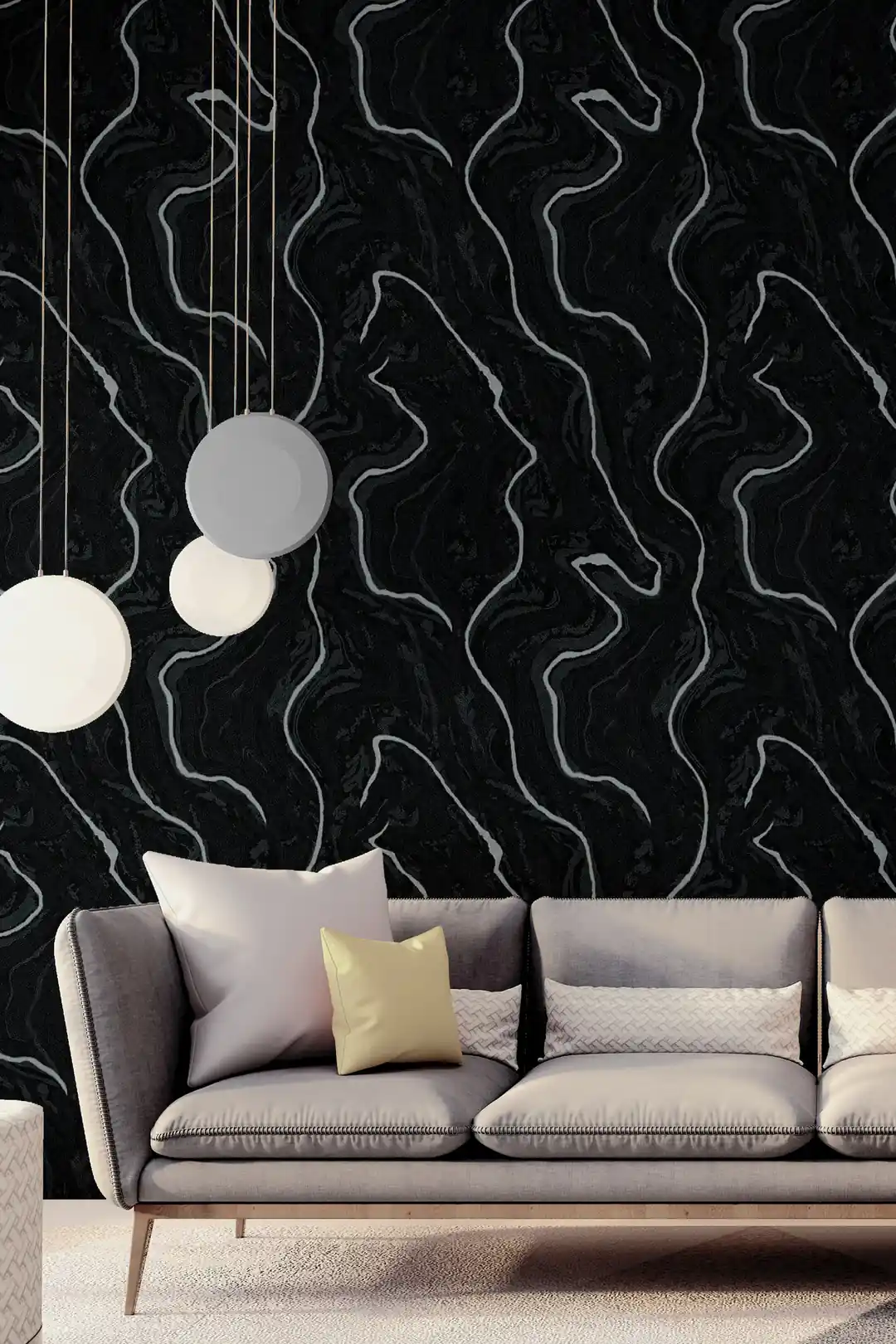 Black glitter wallpaper with silver swirl lines in a modern living room with pendant lights and grey sofa