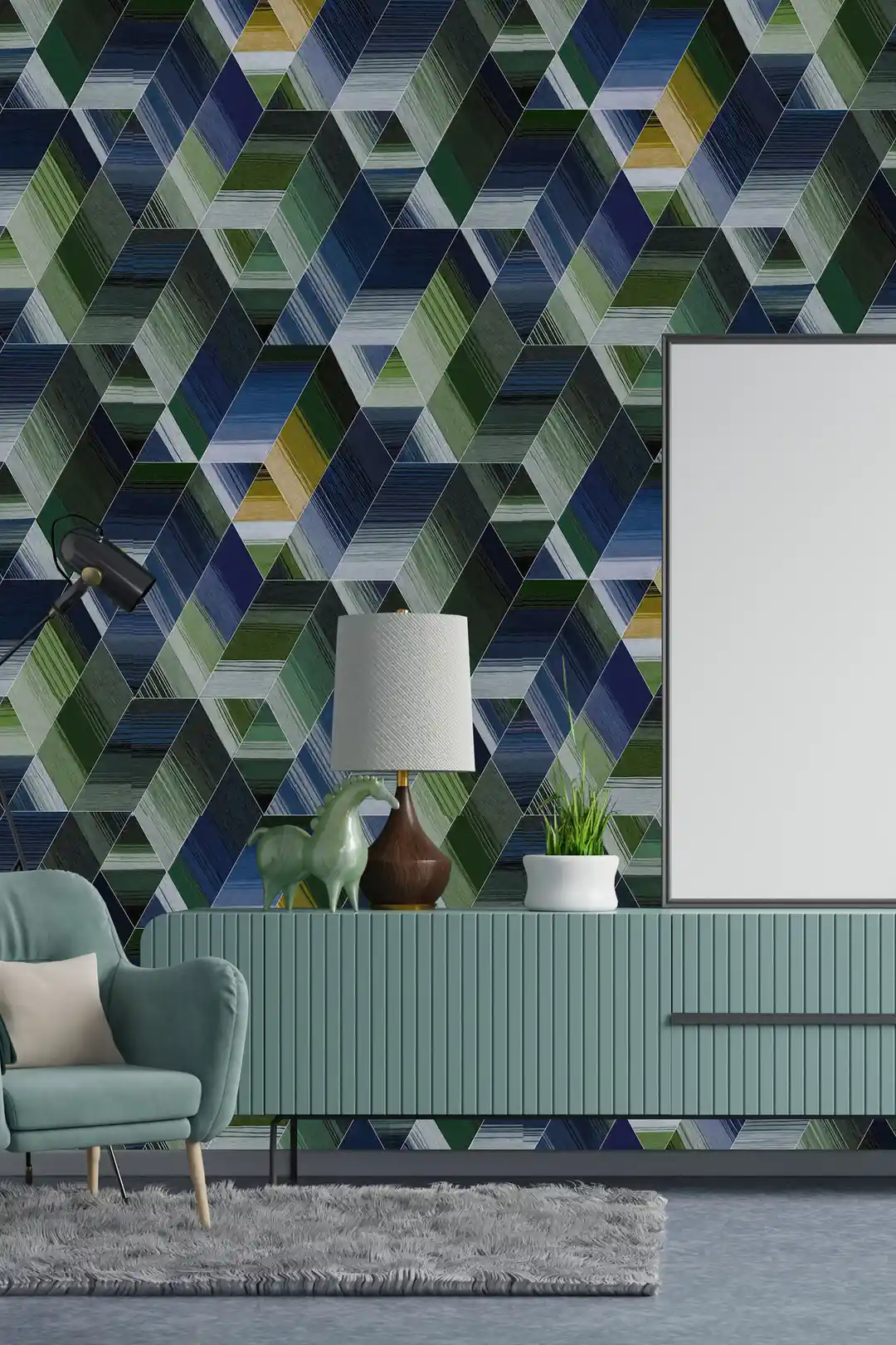 Blue and green 3D hexagon tile wallpaper in a modern living room with a teal armchair and green credenza