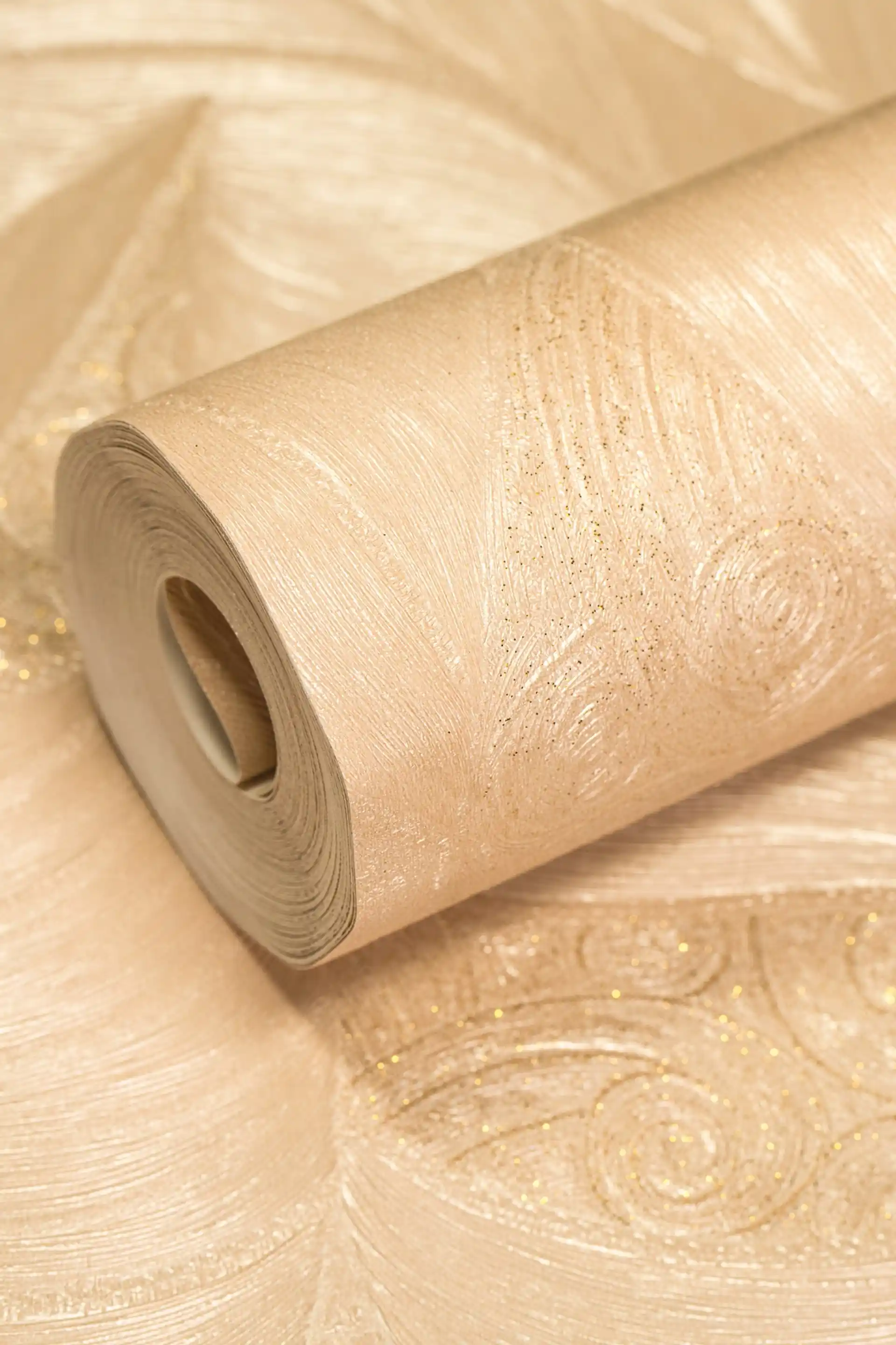 Rolled embossed beige-gold wallpaper with elegant leaf and swirl pattern featuring glitter accents