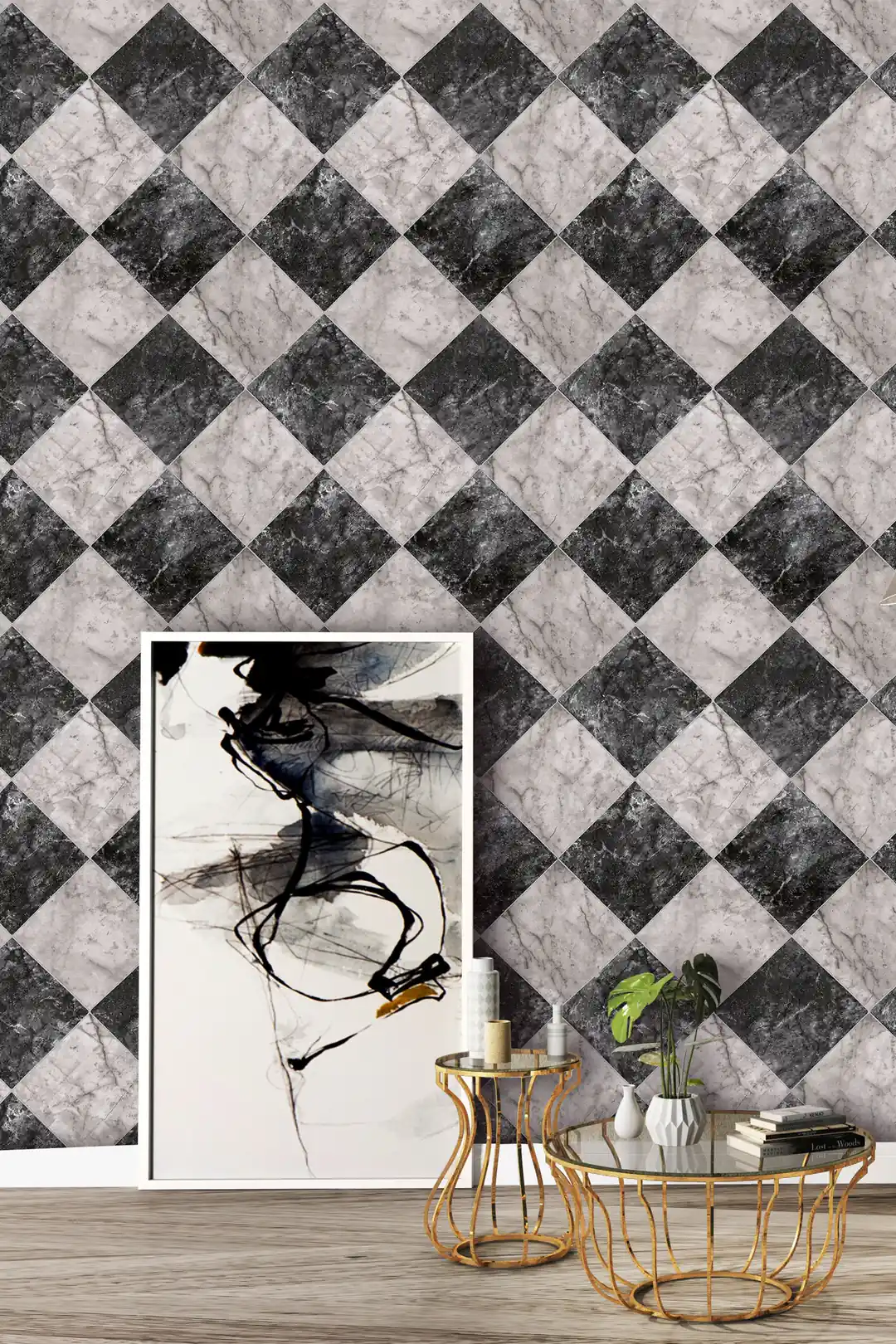 Black and white marble checker wallpaper in a room with abstract art, a gold wire table, and green plant
