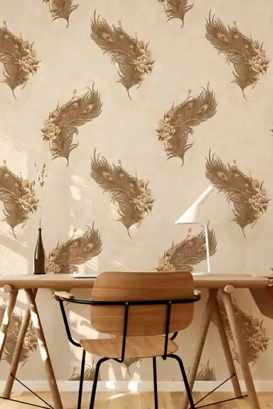 Beige peacock feather wallpaper installed in a home office setting with wooden desk and chair