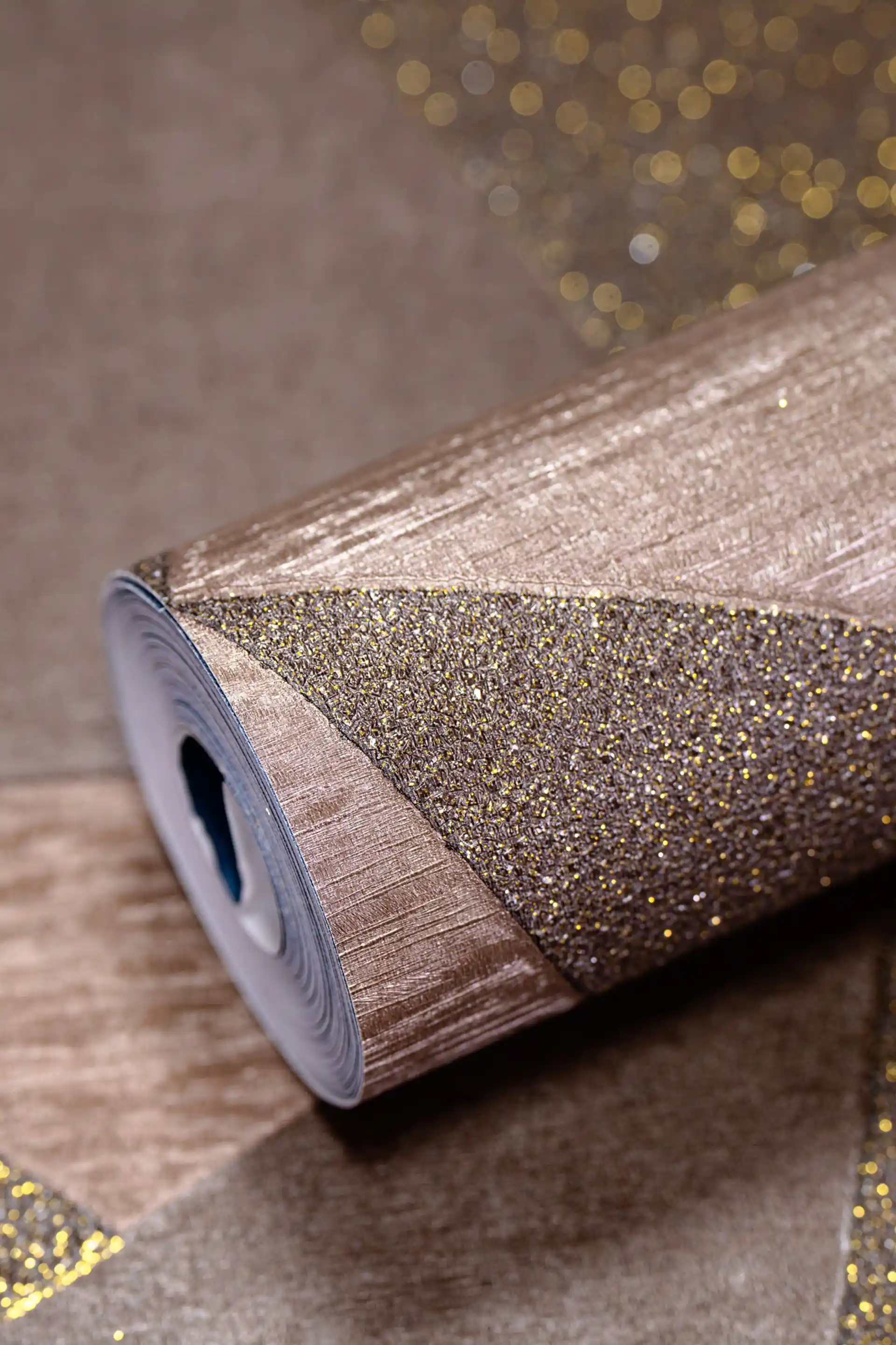 Full roll of brown geometric 3D triangle wallpaper with heavy sparkle finish in warm tones