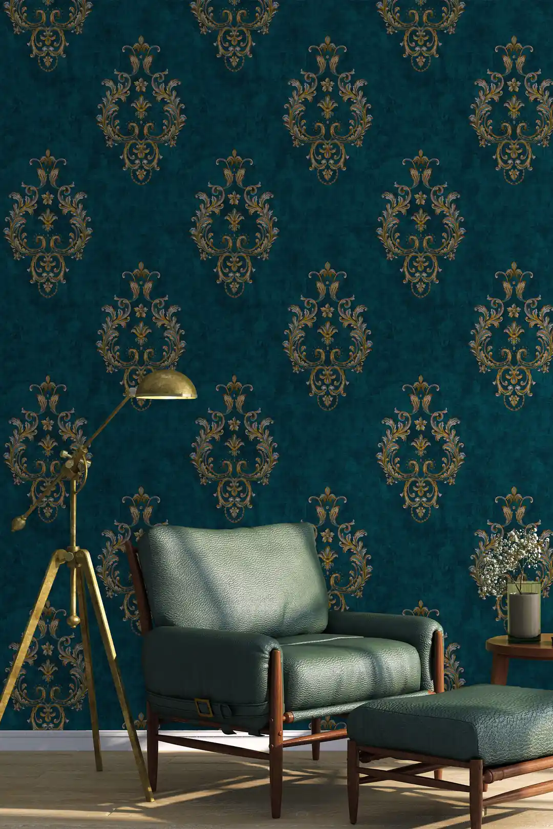 Teal damask wallpaper installed in a living room with green leather armchair and gold tripod lamp