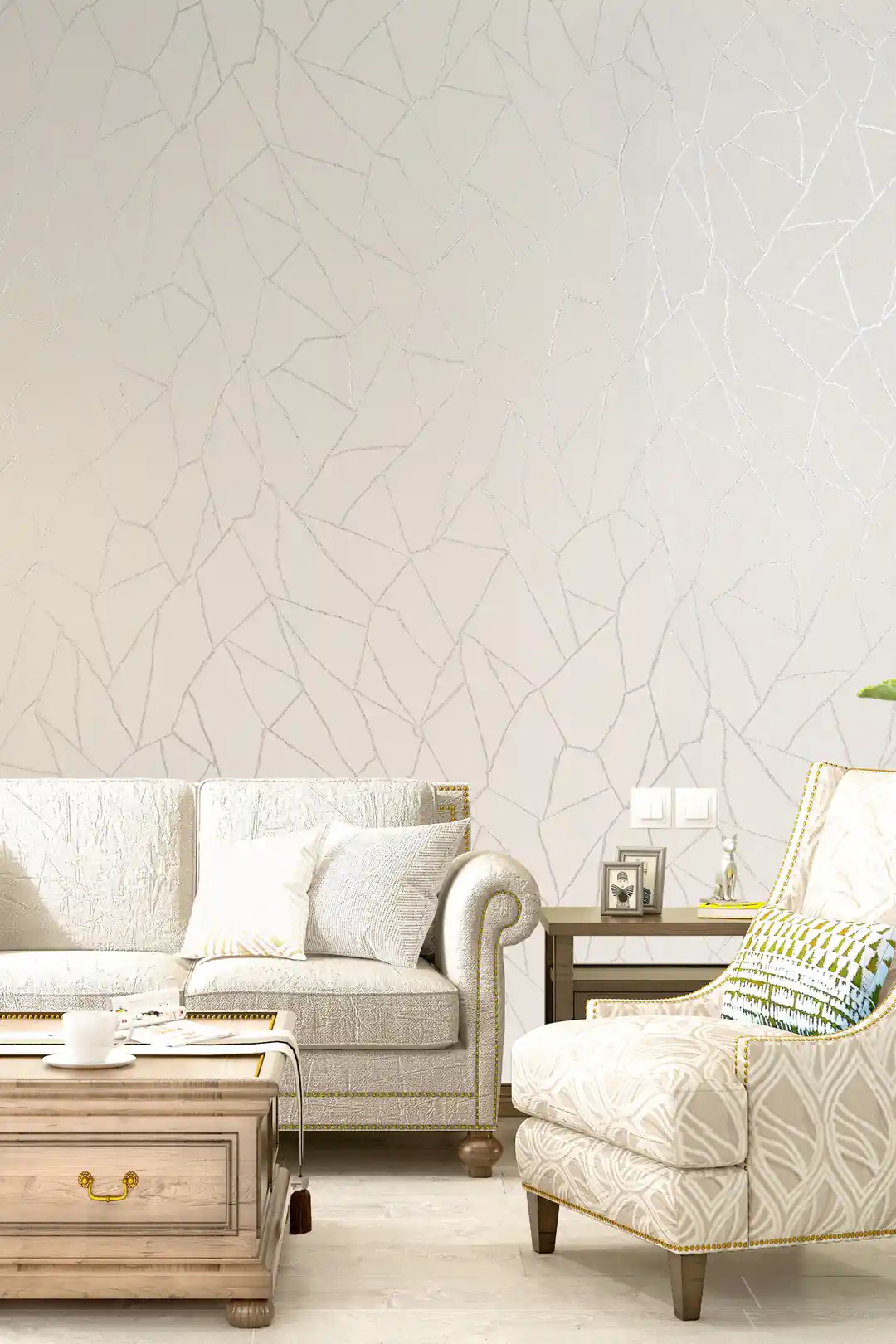 Silver abstract vein wallpaper installed in a bright living room with sofa and accent chair