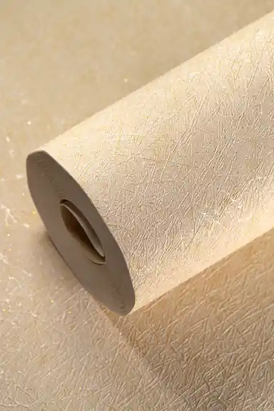 Full roll of cream silk texture wallpaper with soft shiny thread finish and subtle gold shimmer