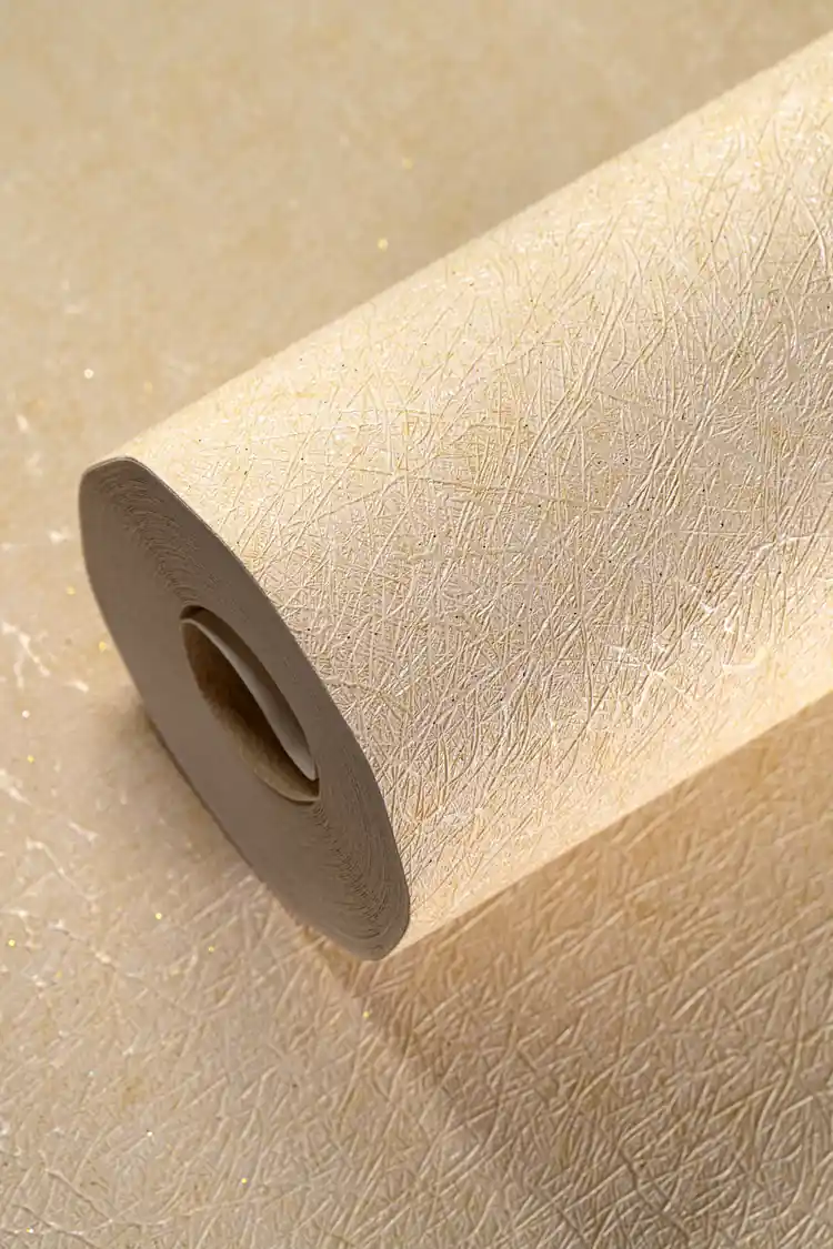 Full roll of cream silk texture wallpaper with soft shiny thread finish and subtle gold shimmer