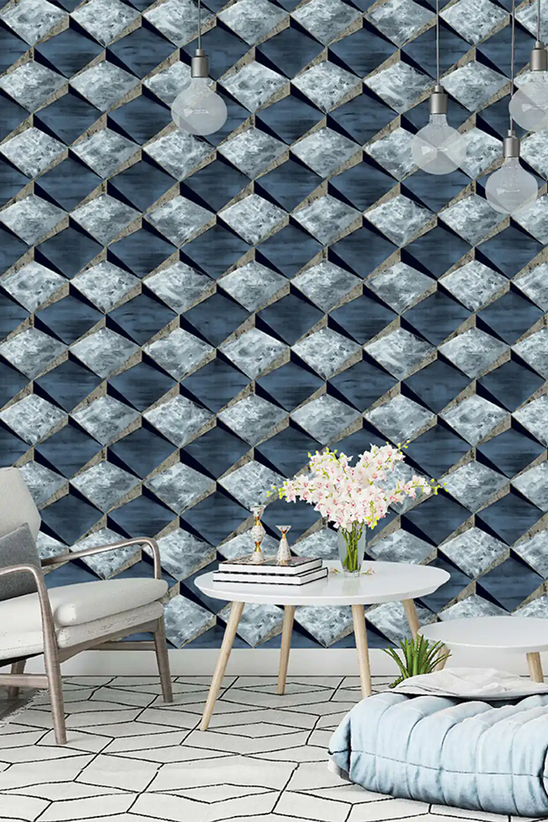 Blue 3D cube wallpaper installed in a living room with pendant lights, side table, and flowers