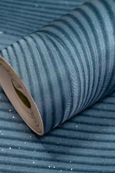 Full roll of teal wave illusion wallpaper with 3D optical ripple design and shimmer sparkle