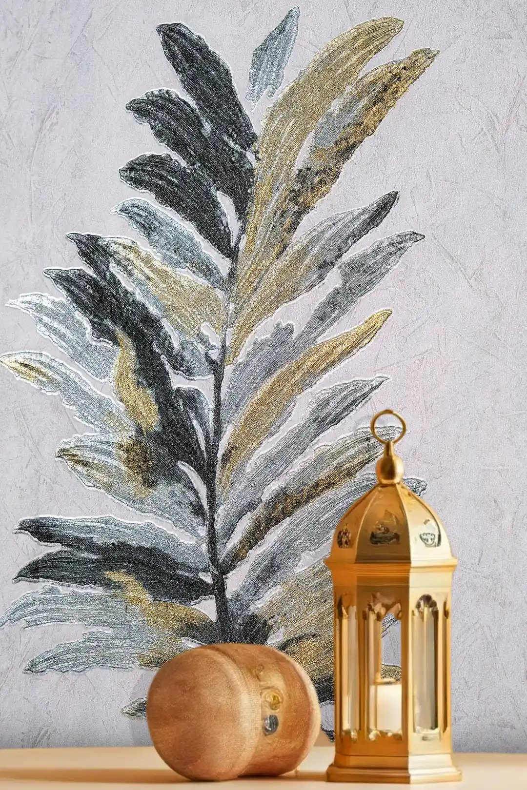 Close-up of charcoal fern leaf wallpaper with brass lantern showing detailed gold-tipped fronds