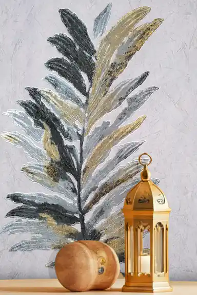 Close-up of charcoal fern leaf wallpaper with brass lantern showing detailed gold-tipped fronds