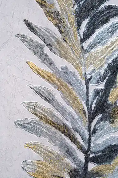 Detailed view of grey and gold fern leaf pattern showing painted brushstroke texture on wallpaper