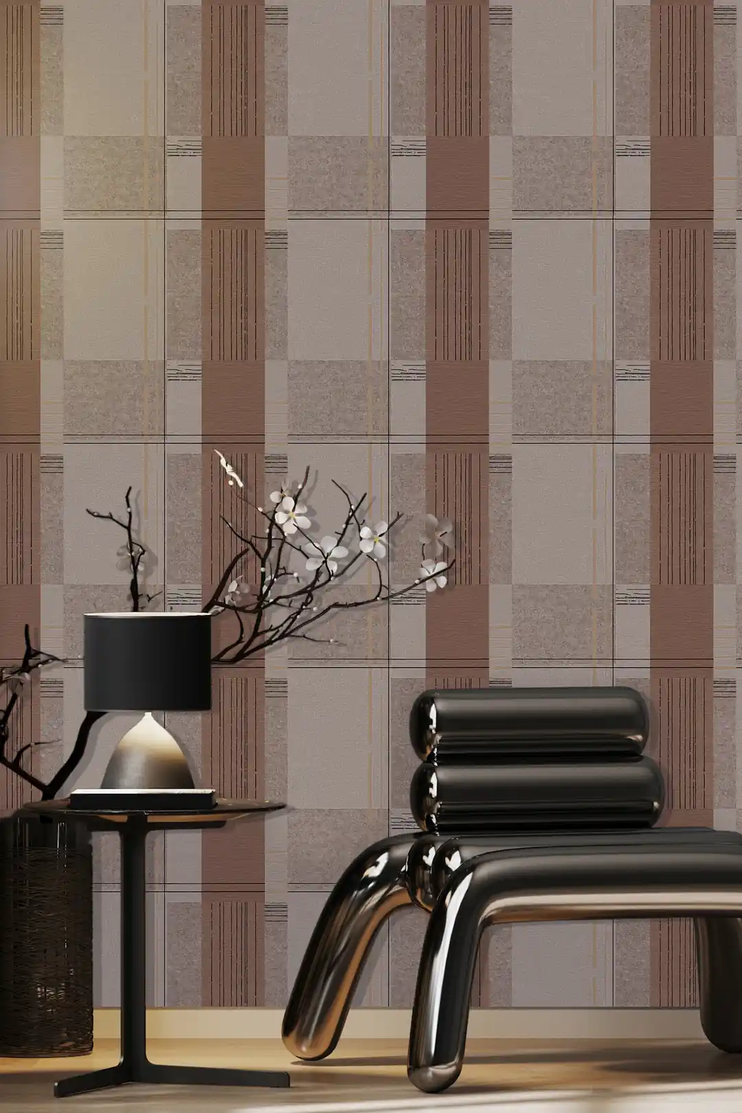 Brown and grey geometric block pattern wallpaper installed in a room with modern black chrome chair and cherry blossom branch