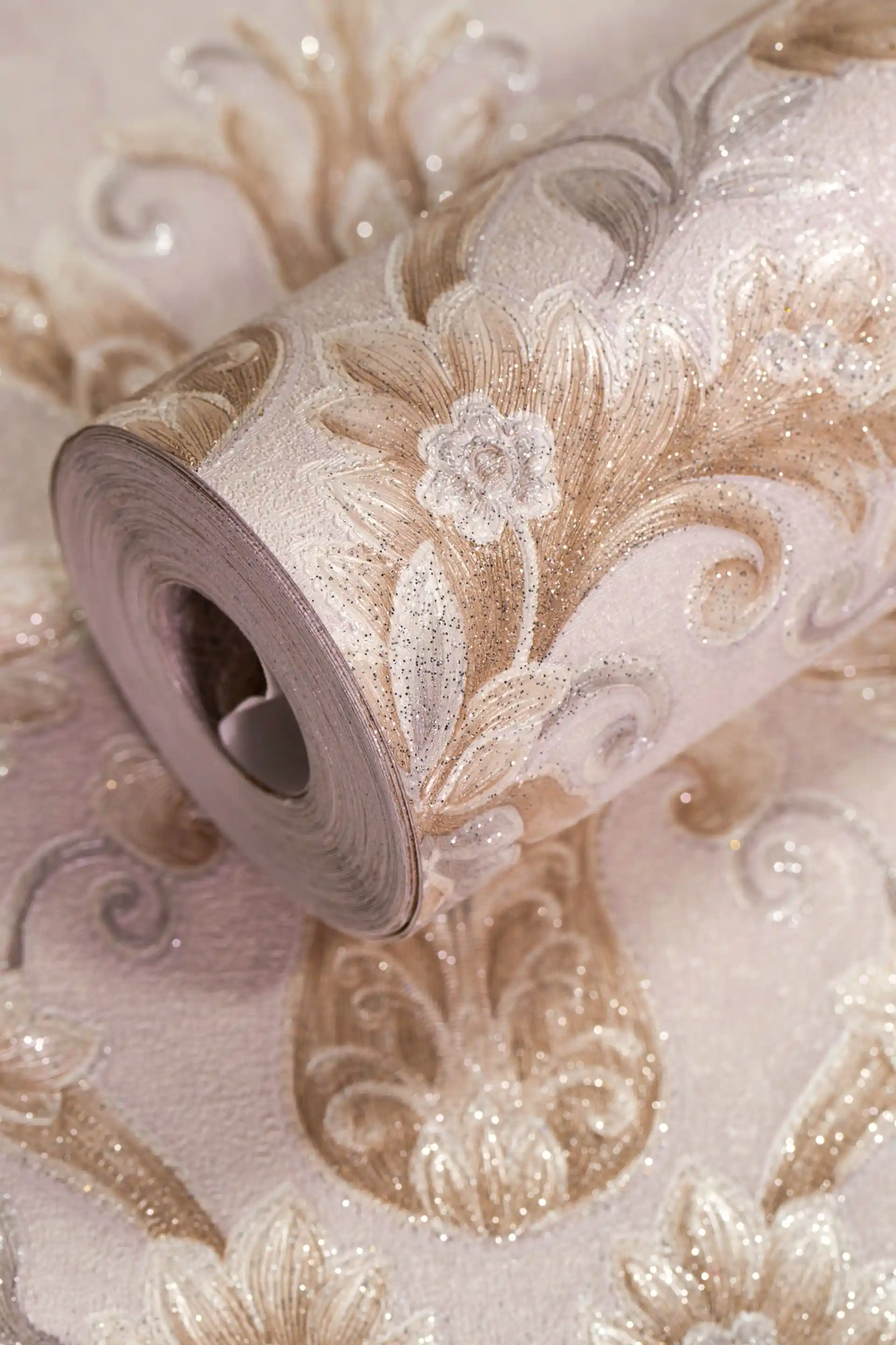 Full roll of blush pink floral damask wallpaper with embossed gold and glitter scroll design