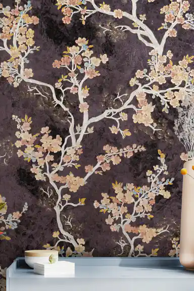 Close-up of dark purple cherry blossom wallpaper with silver branches and pastel flower clusters