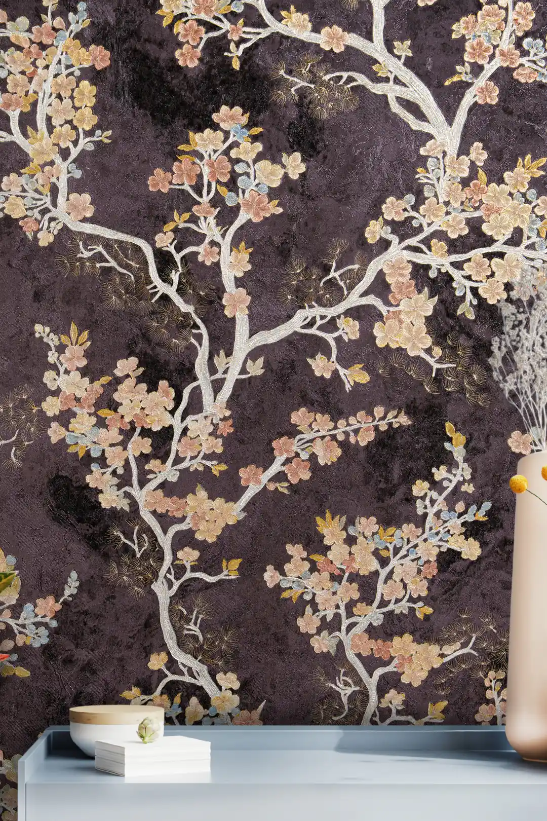 Close-up of dark purple cherry blossom wallpaper with silver branches and pastel flower clusters