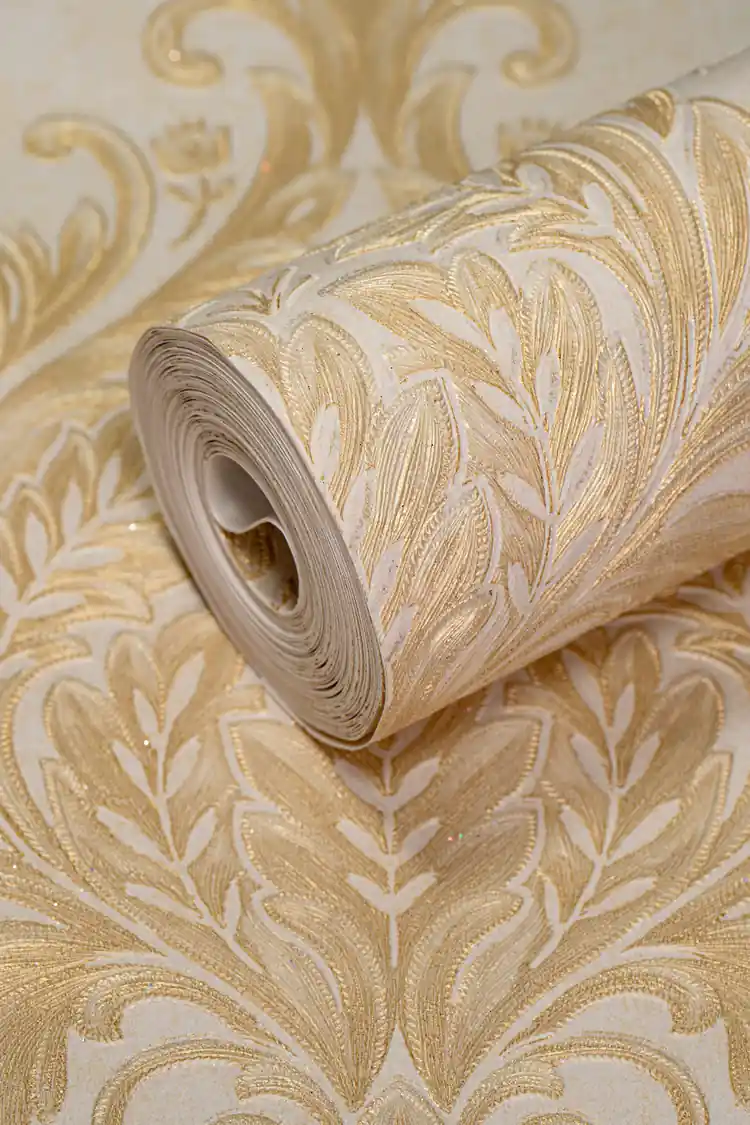 Full roll of golden leaf damask wallpaper with embossed cream and gold acanthus scrollwork