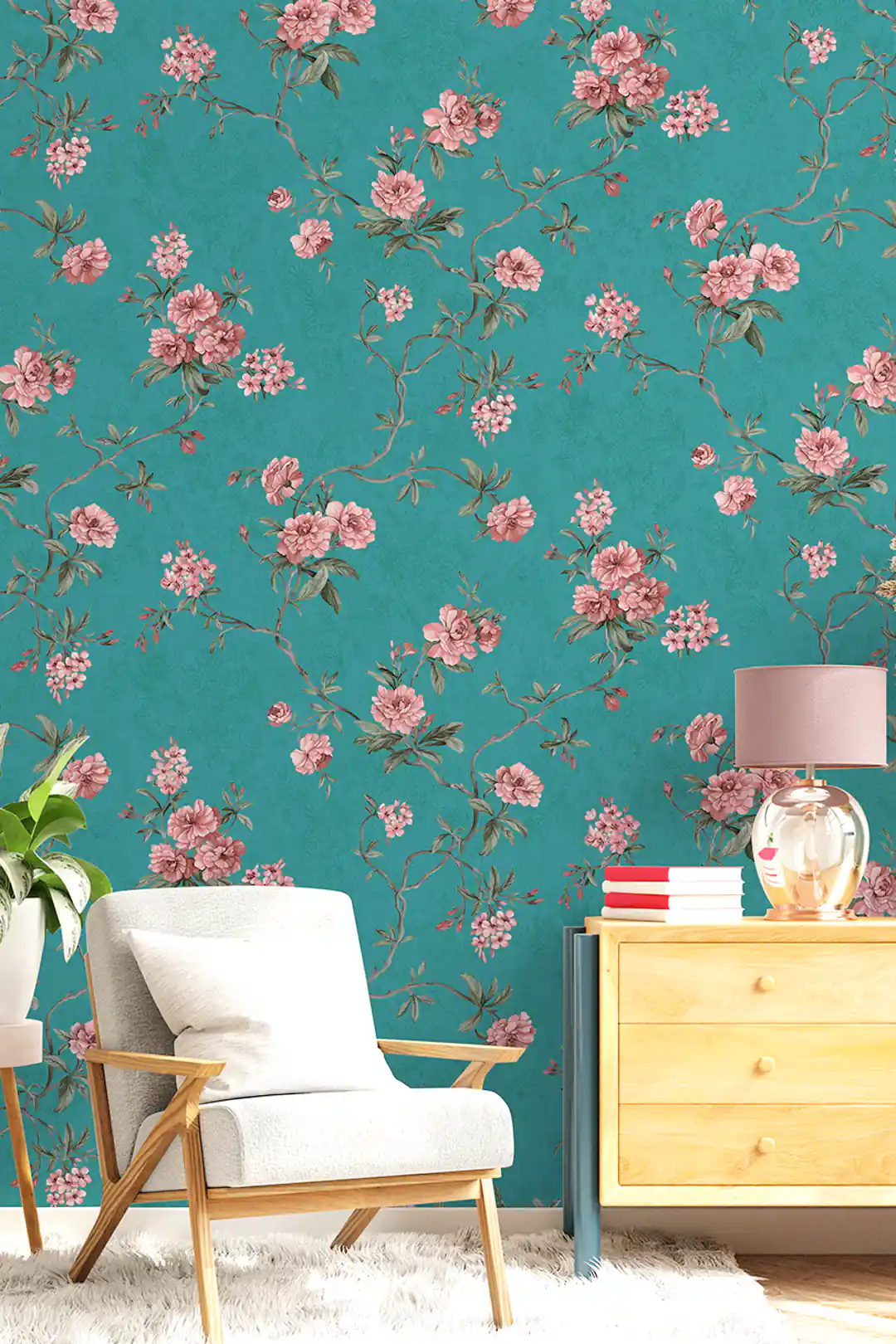 Living room scene with pink floral vine wallpaper on teal blue base behind armchair and dresser