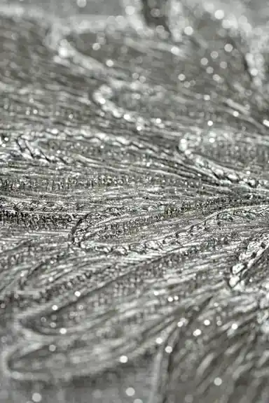 Extreme close-up macro of silver glitter texture showing sparkling embossed leaf detail