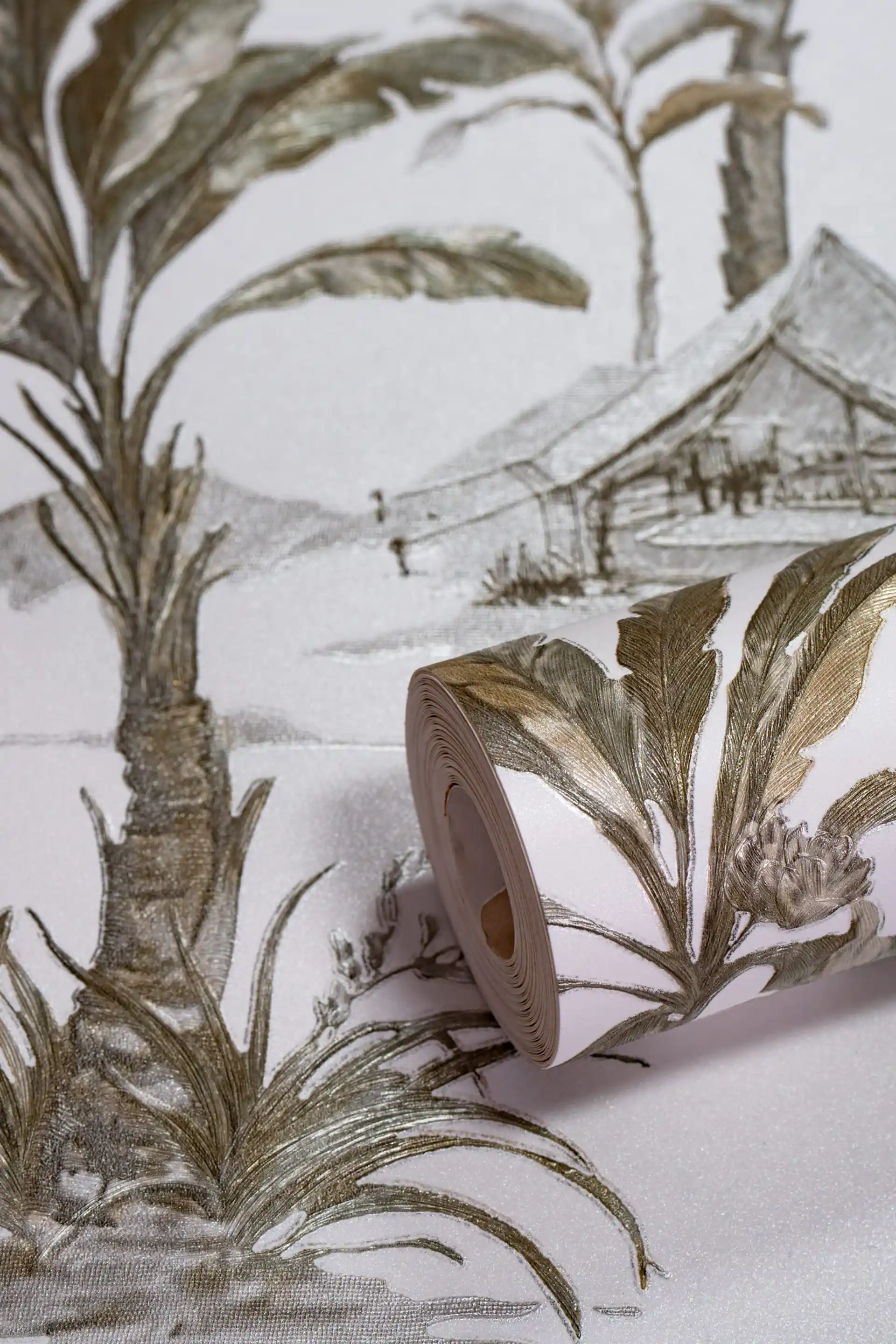 Tropical Oasis Palm Trees and Tents with Metalic Shimmer Wallpaper