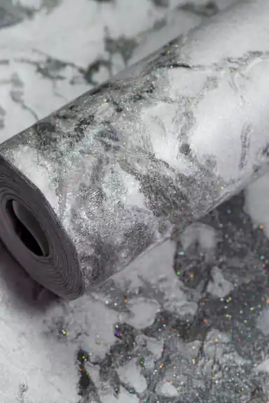 Grey marble effect wallpaper roll with holographic glitter specks on dark and light grey veining