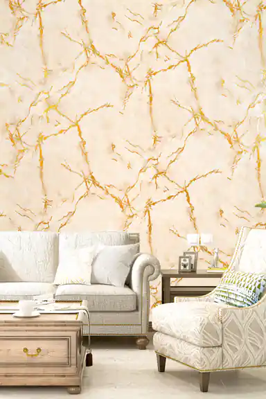 Installed wall with beige marble and gold vein wallpaper in a styled room setting