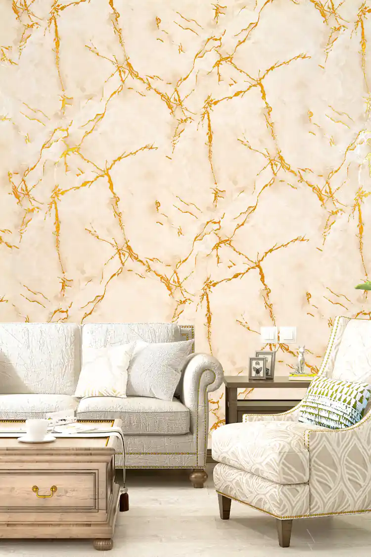 Installed wall with beige marble and gold vein wallpaper in a styled room setting