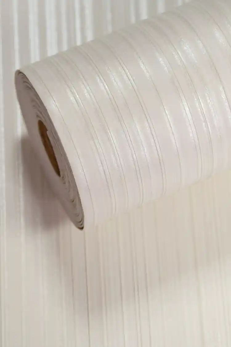 White silk stripe wallpaper roll with vertical shimmer lines and subtle finish