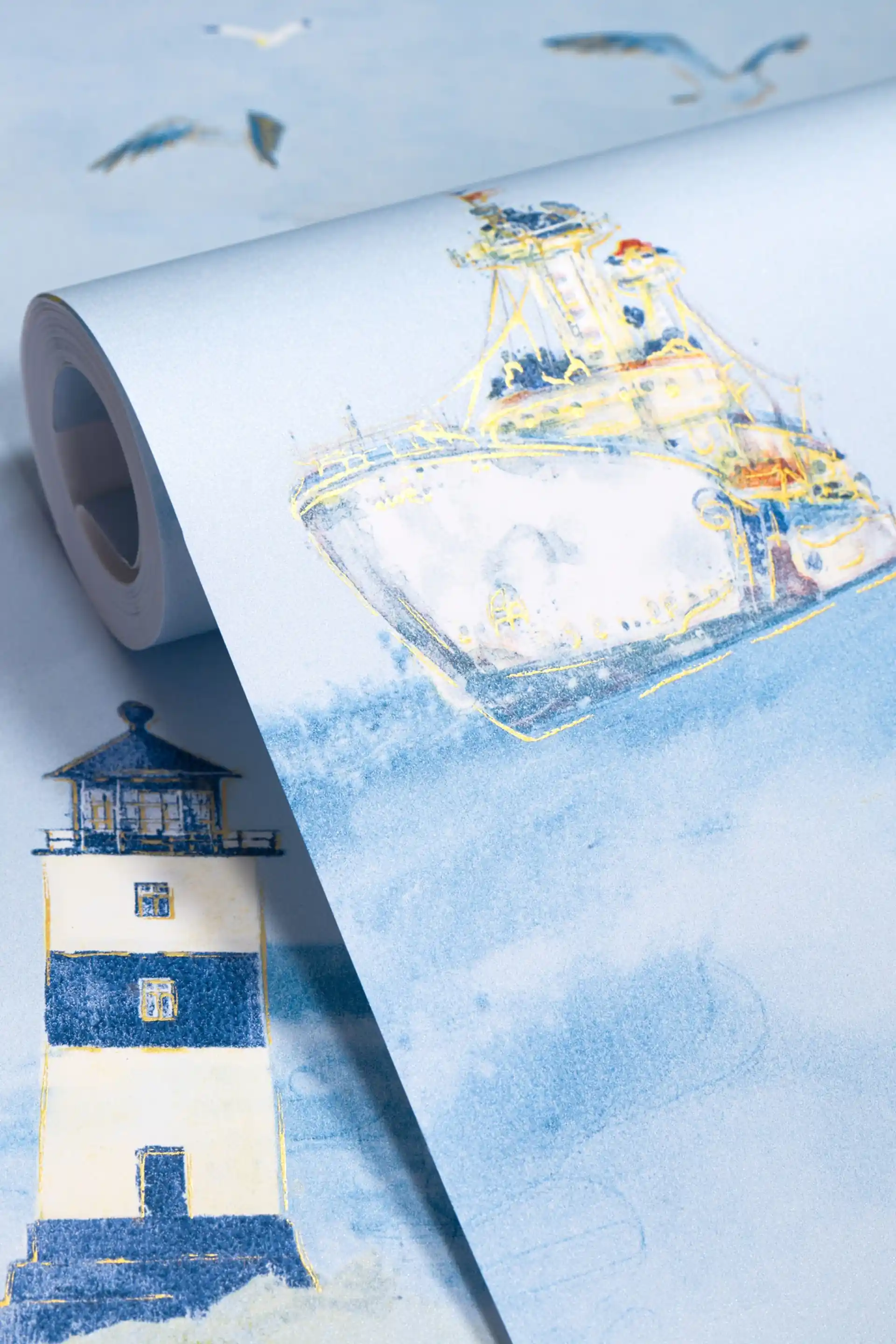 Wallpaper roll featuring watercolor lighthouses, ships, and seagulls on a soft blue coastal base