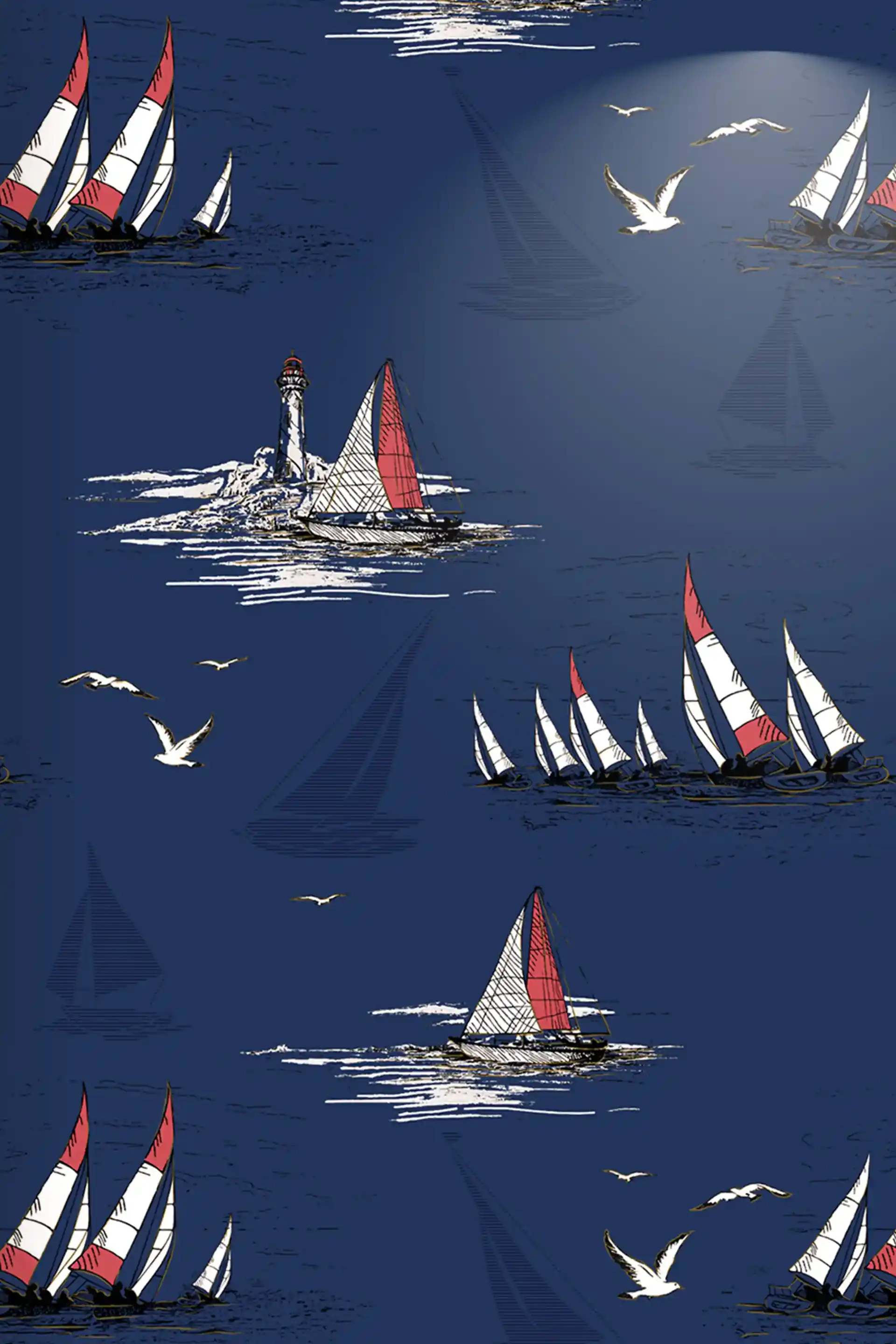 Navy blue wallpaper with red and white sailboats, lighthouses, and seagulls in nautical pattern
